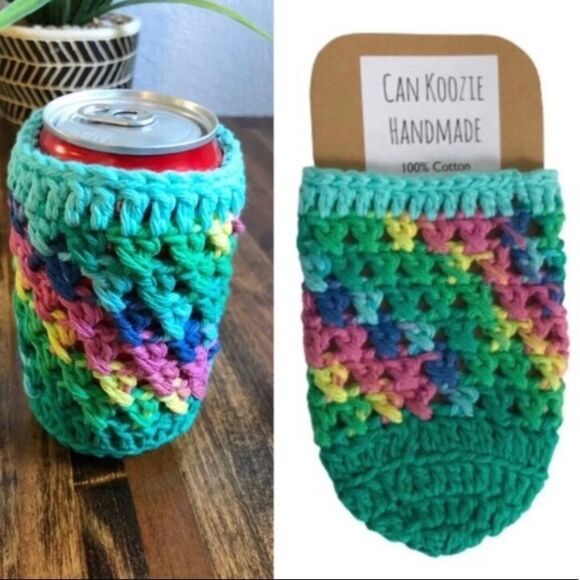 Hand Crafted  Crochet Cozy  Cozy Cup 12oz Can Rainbow Surprise Boho - Picture 1 of 11